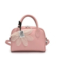 Pink lychee texture leather Boston bag with top handles and adjustable strap - With Flower Pendant / Pink