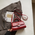 Deep red shiny faux leather square handbag with silver metal buckle and top handle - Burgundy