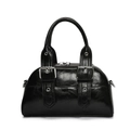 Chic black patent leather Boston bag with silver buckles and a sleek motor style - No Pendant / Black