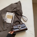 Vintage dark brown gloss leather small square bag with silver metal buckle and top handle - Brown