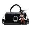 Chic black mini handbag with silver oval buckle, cute character charm and pearl strap - Black + Cartoon Pendant