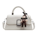 Chic cream white small square handbag with silver oval buckle and cute doll pendant - Beige + Cartoon Pendant
