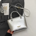 Classic silver bucket bag with metallic finish and adjustable shoulder strap for women - No Pendant / Silver