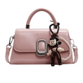 Pink PU leather square handbag with silver buckle and cute character pearl pendant - Pink + Cartoon Pendant