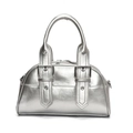 Silver metallic bowling handbag with vintage moto style straps and rivet details - No Pendant / Silver