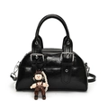 Chic black glossy Boston handbag with silver buckles, pearl chain and cartoon charm - With Doll Keychain / Black