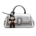 Silver metallic square handbag with micro-crinkle texture and cute bear charm - Silver + Cartoon Charm