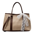 Regenbogen Stroh-Eimertasche mit braunem Lederbesatz und weißer Spitzenschleife - Khaki