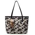 Retro Schultertasche mit Kuhmuster für Damen mit schwarzen Trägern und Bären-Anhänger - Schwarz Mit Teddybär Anhänger