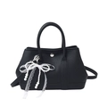 Sac seau élégant en cuir noir grainé avec pendentif nœud en perles et dentelle - Grand / Noir