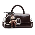 Elegant dark brown leather handbag with silver buckle and pearl charm accessory - Coffee With Cartoon Pendant
