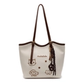 Bolso tote crema con ribete marrón y lindo bordado de gato para moda de primavera - Blanco Roto Con Colgante