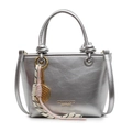 Silver metallic bucket bag with knot handle and tennis racket charm accessory - With Gold Abacus Racket Knot Pendant / Silver
