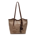 Bolso tote caqui con lindo bordado de gato y correas de hombro marrón oscuro - Caqui Con Colgante