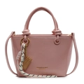 Pink PU leather bucket bag featuring a knotted handle design and gold brand logo detail - With Gold Abacus Racket Knot Pendant / Pink