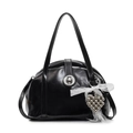 Sac à main noir brillant avec serrure métallique et décoration de nœud en dentelle - Noir (Avec Charme Cœur Dentelle)