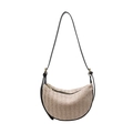 Contrast beige straw dumpling bag with black leather trim and gold metal buckles - Black
