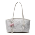 Borsa tote in pizzo bianco con ricamo a farfalla 3D e ciondolo con perle e fiocco - Bianco + Perle con Fiocco a Quadretti Rosa