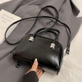 Chic black glossy leather pillow bag with silver hardware and detachable strap - Black (Without Charm)