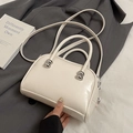 Chic cream white Boston handbag with silver metal beads and adjustable shoulder strap - White (Without Charm)
