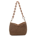 Dunkelbraune geflochtene Stroh-Schultertasche mit Harzkette für den Strandurlaub - Khaki