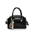 Glossy black pillow handbag with silver hardware and a decorative pearl charm - Black (With Charm)
