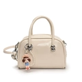 Chic beige pillow bag in glossy synthetic leather with pearl charm and shoulder strap - White (With Charm)