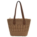 Minimalistische handgewebte Strohtasche mit Rautenmuster und braunen Leder-Schultergurten - Khaki