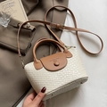 Cream woven bucket bag with brown leather trim and adjustable crossbody strap - White (Without Charm)