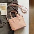 Pink woven bucket bag for women with golden hardware and fashion lettering detail - No Pendant / Pink