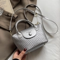 Silver woven texture bucket bag with metallic finish and adjustable crossbody strap - Silver (No Pendant)