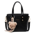 Chic black bucket bag with woven texture, fashion logo and plush bear charm accessory - With Bear Pendant / Black