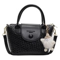Sac seau noir pour femme avec texture tissée, garniture en cuir et charm en peluche - Noir (Avec Charme Peluche)