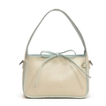 Bolso tipo cubo beige minimalista con bordes azul claro y lazo decorativo - Blanco