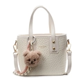 Beige woven bucket bag for women with a cute plush bear pendant and gold lettering - With Bear Pendant / Off White