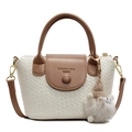 Sac seau tissé pour femme en blanc crème et marron avec un pendentif en peluche - Blanc (Avec Charme Peluche)