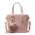 Chic pink woven bucket bag with fashion logo, shoulder strap and cute bear keychain - With Bear Pendant / Pink