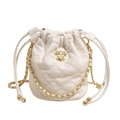White quilted bucket bag with golden dog charm and chain strap for women - White