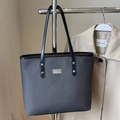 Dunkelgraue Shopper-Tasche aus Stoff mit schwarzen Ledergriffen und Metallplakette - Ohne Anhänger / Schwarz
