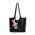 Minimalist black faux leather tote bag with a cute plush dog charm and long shoulder straps - Black With Pink Bow Plush Dog Charm
