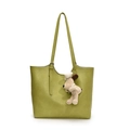 Minimalist avocado green tote bag with a cute plush dog charm and pearl detail - Green + White Bow Pearl Gromit