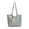 Blue-grey minimalist tote bag in textured PU leather with a cute puppy plush charm - Blue + Blue Bow Pearl Gromit