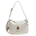 Minimalist beige oil wax leather shoulder bag with decorative strap and brass buckle - White With Pendant