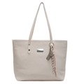 Minimalist beige tote bag with woven texture, metal logo and tennis racket charm - White With Pendant / White