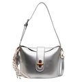Sleek silver faux leather crossbody bag with golden twist lock and woven rope charm - Silver With Abacus Racket Knot