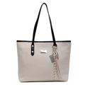 Retro beige woven tote bag with black straps and unique metal abacus charm detail - White/Black Patchwork With Pendant / White and Black Splicing