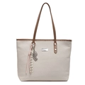 Minimalist beige woven tote bag with brown leather trim and tennis racket charm pendant - White/Khaki Patchwork With Pendant / White & Khaki Patchwork