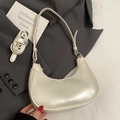 Minimalist creamy white crescent moon underarm bag in oil wax leather finish with straps - No Pendant / White