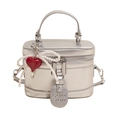 Silver metallic box handbag with red heart charm and pearl strap, crossbody style - Pearl Bow Heart Pendant / Silver
