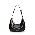 Sac à bandoulière en demi-lune noir brillant avec breloque perle et lettrage blanc - Avec Pendentif Fille Popcorn / Noir